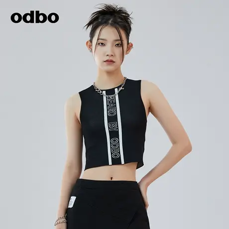 odbo/欧迪比欧时尚印花针织运动背心女春季新款外穿内搭短款上衣商品大图