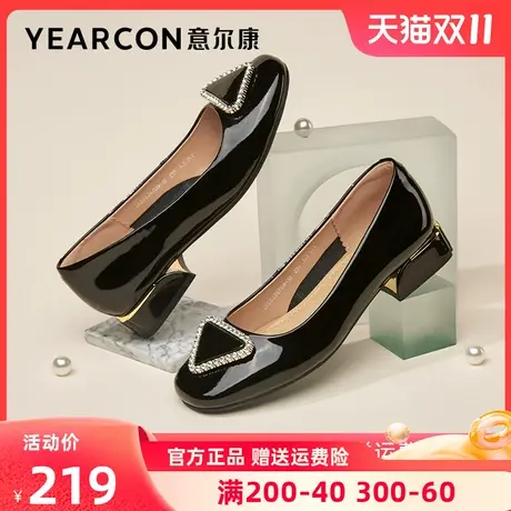 意尔康女鞋2023春季新款真皮低跟小皮鞋女中跟粗跟单鞋小香风漆皮商品大图