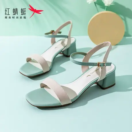 红蜻蜓一字扣带凉鞋女2023年夏季百搭仙女风露趾粗跟高跟女鞋夏天图片