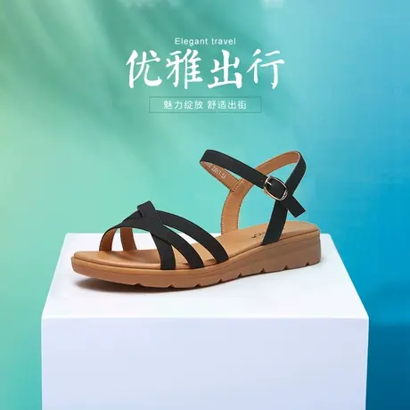 奥康新款夏季凉鞋女一字带平底休闲妈妈中老年凉鞋图片