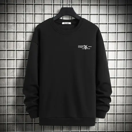 卫衣男潮ins春秋潮牌秋季加绒套头无帽薄款宽松圆领百搭长袖黑色商品大图