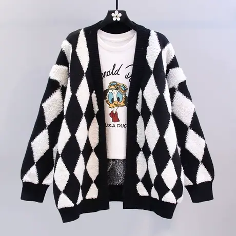 撞色菱形格毛衣外套女秋冬2023新款宽松慵懒风中长款V领针织开衫商品大图