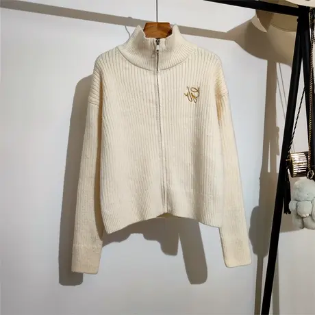 针织拉链开衫毛衣女秋冬新款韩版修身显瘦学院风刺绣立领上衣外穿商品大图