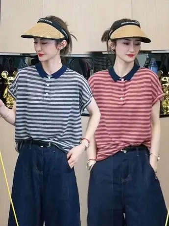 2023夏新新款撞色条纹POLO领短袖T恤女宽松显瘦港味半袖运动上衣商品大图