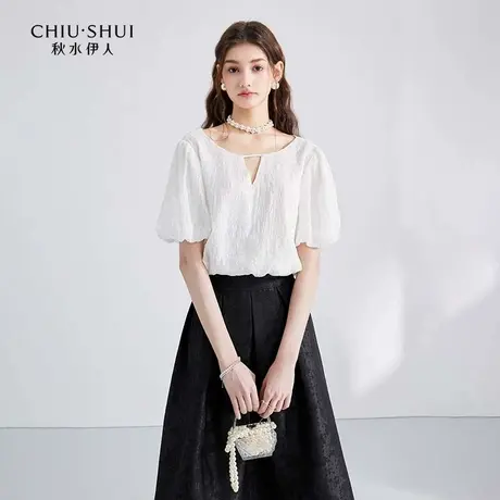 秋水伊人小众高级亮片绣圆领雪纺衫2024夏季新款女甜美泡泡袖上衣图片