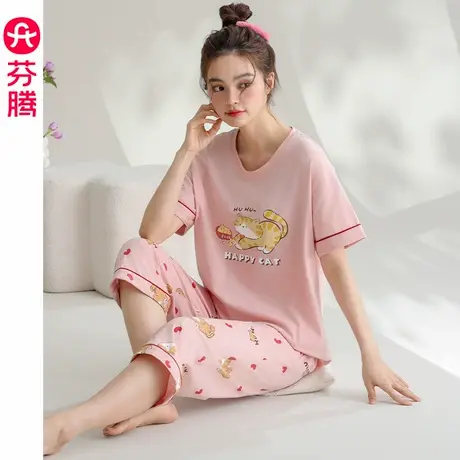 芬腾夏季女士睡衣纯棉短袖七分裤薄款卡通少女夏天大码家居服套装商品大图
