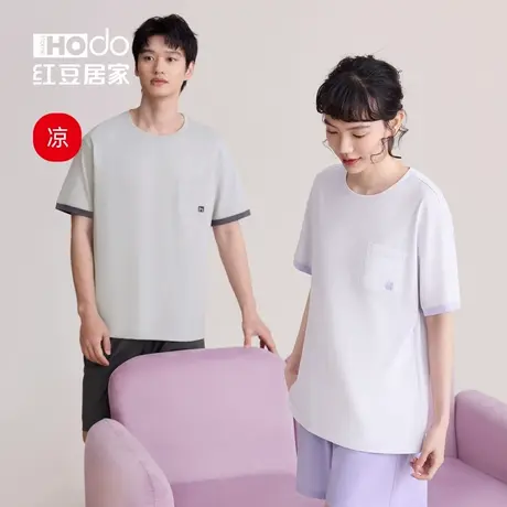 红豆情侣纯棉短袖睡衣女夏季套装可外穿套头休闲凉感男士家居服薄图片