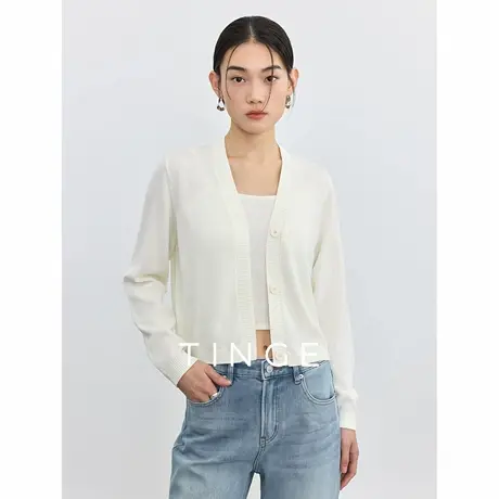 TINGE贴己纯色大V领时髦针织开衫女开春穿搭叠穿同色吊带打底上衣商品大图