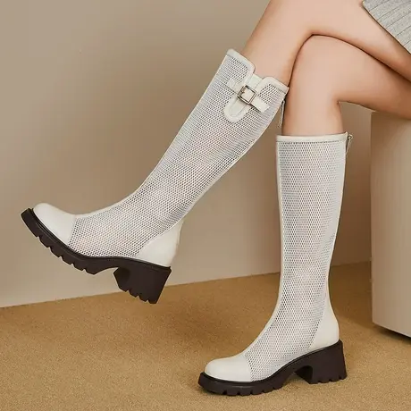 白色夏季长靴女透气镂空网纱靴子夏天真皮厚底高跟网红高筒靴网靴商品大图