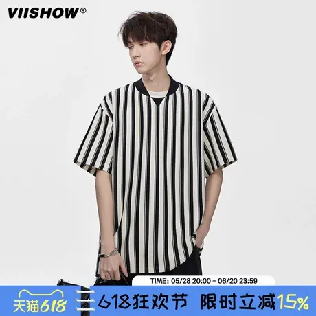 VIISHOW复古双拼V领条纹短袖T恤男宽松潮流休闲五分字母印花体恤商品大图