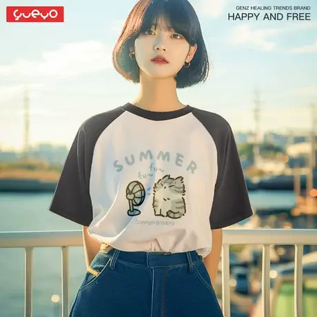 悦游 吹风美短 重磅250g电风扇猫咪纯棉拼色插肩短袖t恤原创商品大图