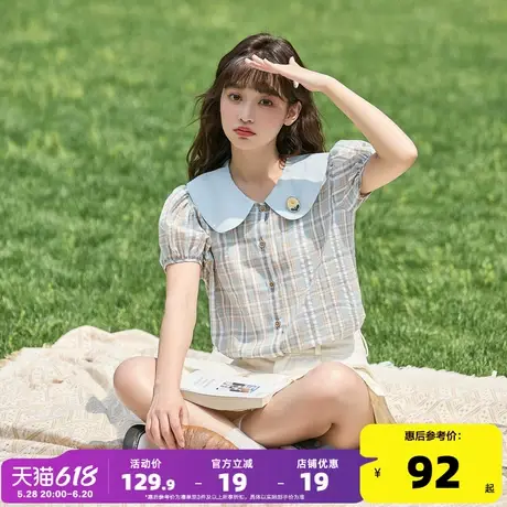 唐狮2025夏季新款短袖格子衬衫女娃娃领衬衣泡泡袖韩系上衣甜美商品大图