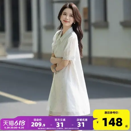 唐狮2025女夏季轻盈甜美衬衫领设计连衣裙短袖新中式透气碎花dmn商品大图