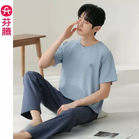 芬腾睡衣男款春夏季纯棉短袖长裤大码夏款男士中年可外穿休闲套装商品大图