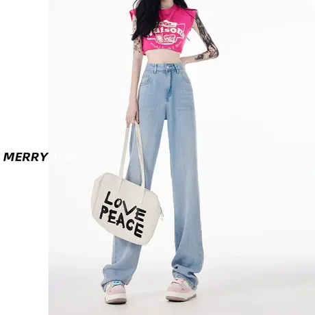 浅蓝宽松阔腿牛仔裤女2023年夏季新款薄款莱赛尔垂感拖地直筒裤子图片