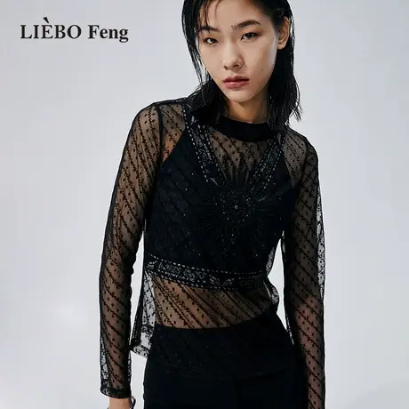 裂帛LIEBOFeng原创设计chic刺绣黑色皮肤衣送吊带长袖雪纺蕾丝衫图片