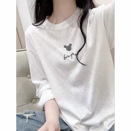 白色印花薄款长袖防晒罩衫女夏季新款韩版宽松百搭t恤空调衫上衣图片