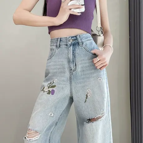 绣花破洞阔腿牛仔裤女2024夏季新款设计感高腰宽松显瘦垂感拖地裤商品大图