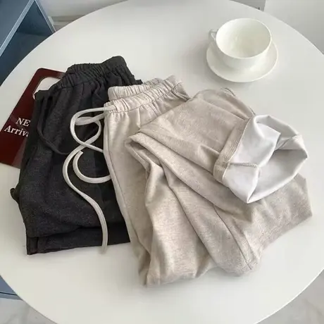 2023新款纯色简约阔腿长裤女秋季百搭韩版宽松高腰直筒运动休闲裤图片