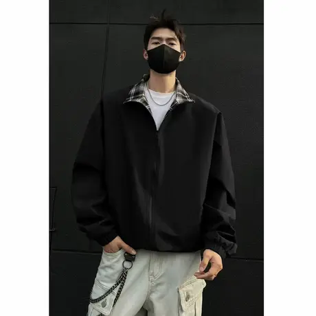 夹克男秋季新款格子内衬休闲外套ins港风大码纯色美式立领上衣服商品大图