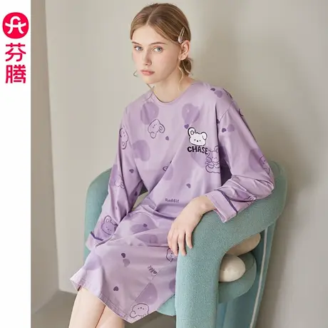 芬腾女士睡裙春秋季新款纯棉长袖睡衣裙卡通可爱休闲全棉家居服商品大图