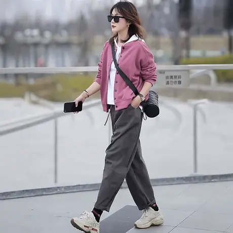 圆领单排扣短款外套女秋季新款小个子休闲显瘦开衫纯色棒球服上衣商品大图