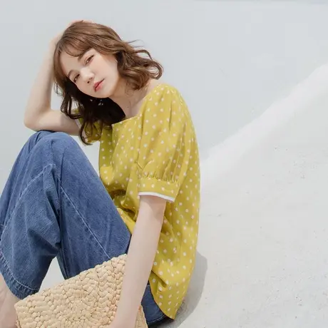 桔熊夏复古可爱圆点印花通勤雪纺衫方领上衣女胖妹妹大码AB12398商品大图