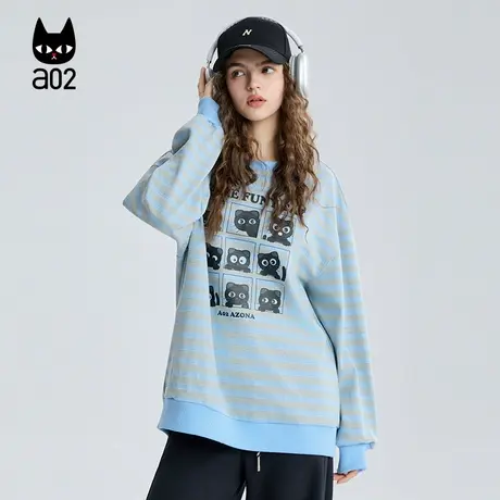 a02黑猫系列宽松圆领条纹卫衣女2025新款秋季清新通勤穿搭上衣商品大图