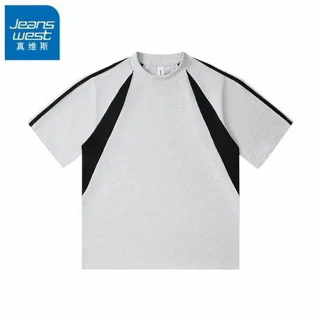 N5真维斯短袖T恤男2025新款夏季美式潮牌重磅撞色拼接宽松情侣装商品大图
