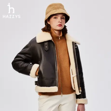 Hazzys哈吉斯宽松皮毛一体外套女士冬季新款纯色皮衣时尚保暖上衣商品大图