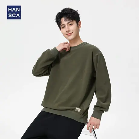 hansca370g恒温暖皮华夫格宽松卫衣男秋季圆领贴布休闲内搭打底衫商品大图