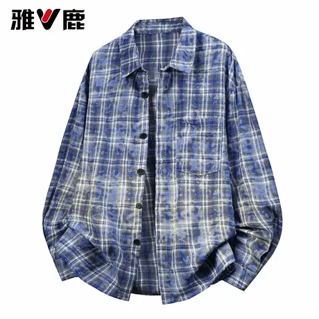 雅鹿2026春季新款宽松长袖格子衬衫男青年时尚渐变色港风衬衣外套图片