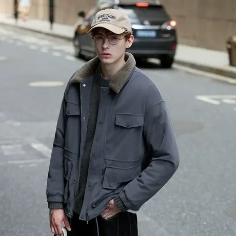 唐狮秋冬季加厚外套男仿羊羔毛领灯芯绒保暖休闲男士短款外套TUTA图片