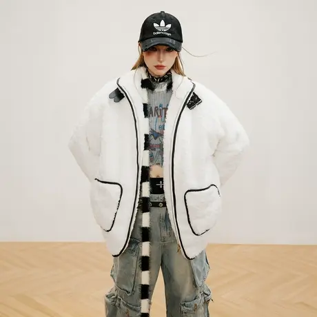 纯色连帽棉服女加厚冬季毛毛外套2023新款设计感潮牌宽松复古棉衣商品大图