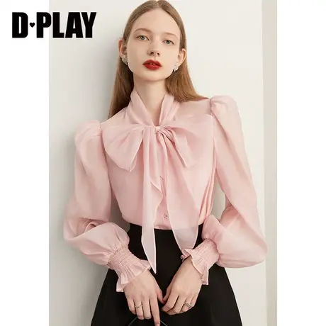 DPLAY春季新款通勤浅山茶粉泡泡袖灯笼长袖系带蝴蝶结衬衫商品大图