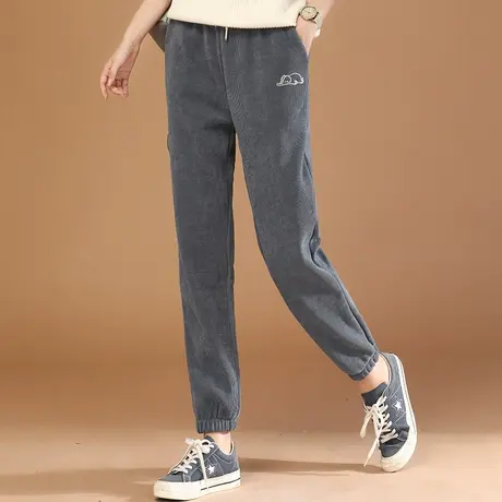 韩潮袭人2023冬季新款松紧腰刺绣加绒灯芯绒束脚休闲运动裤卫裤女商品大图