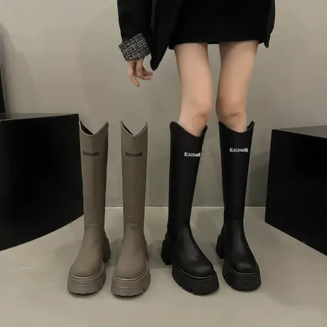 长筒靴女2023春秋季新款英伦风超火复古瘦瘦靴粗跟厚底v口骑士靴图片