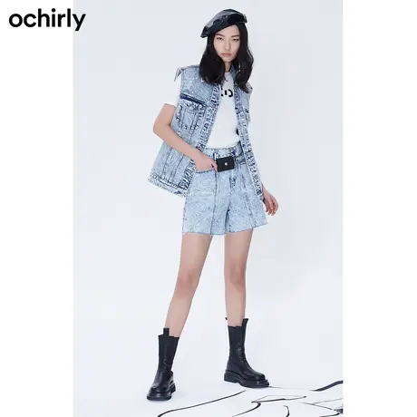 ochirly欧时力春装新品流苏钉珠磨白高腰复古高街时尚牛仔短裤女图片