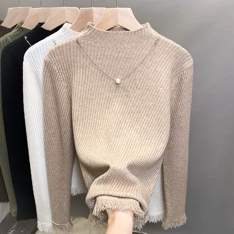 半高领毛衣女流苏打底衫2023秋冬新款套头外穿洋气针织衫内搭上衣商品大图