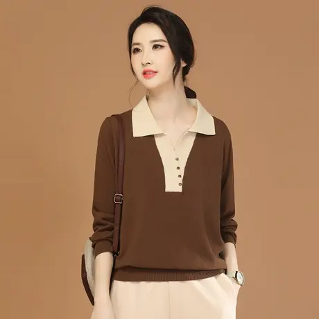 新品8.5折】复古POLO领拼接撞色长袖毛衣女打底针织上衣图片