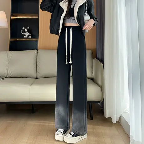 渐变色加绒阔腿裤女秋冬2023新款高腰宽松显瘦垂感加厚直筒休闲裤商品大图