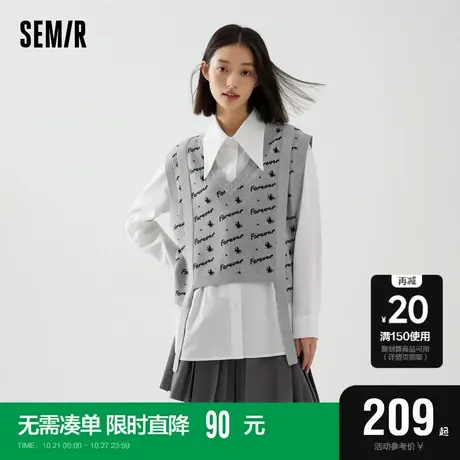 [商场同款]森马针织衫女字母背心尖领衬衫2023秋季新款宽松两件套图片