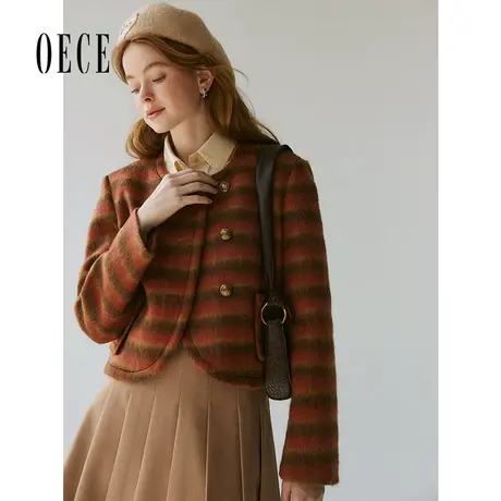【双11新品】Oece复古条纹短外套女2023冬季新款小个子毛呢外套图片