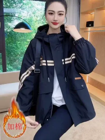 加棉字母连帽外套女2023秋季新款宽松撞色夹克上衣美式风衣短外套商品大图