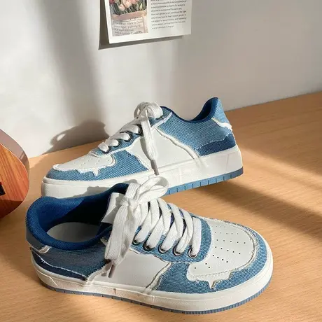 Betoo 复古牛仔蓝休闲板鞋女潮春秋面包鞋小众设计感百搭帆布鞋商品大图