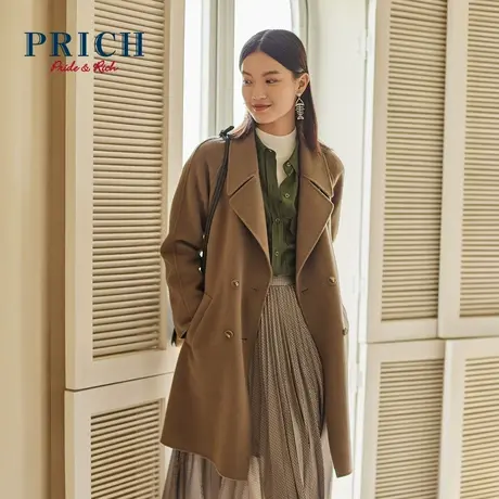 【绵羊毛】PRICH冬季新款气质插袋中长双面呢外套呢子大衣女商品大图
