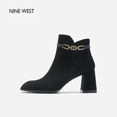 Nine West/玖熙99钻链反绒法式优雅短靴2023冬新款复古粗跟时装靴商品大图