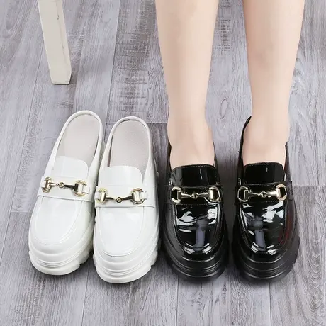 10CM包头坡跟拖鞋女夏真皮厚底松糕凉拖鞋懒人一脚蹬英伦风乐福鞋商品大图