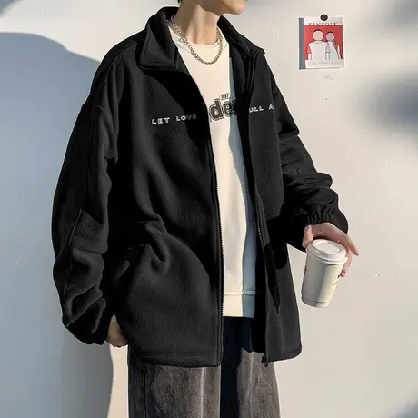 唐狮冬季摇粒绒立领拼接外套男装青少年运动休闲黑色宽松时尚潮流商品大图
