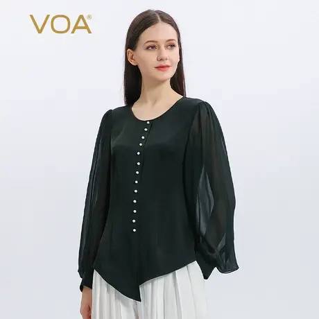 VOA40姆米真丝双面缎圆领拼接乔其灯笼长袖不对称尖角摆桑蚕丝T恤图片